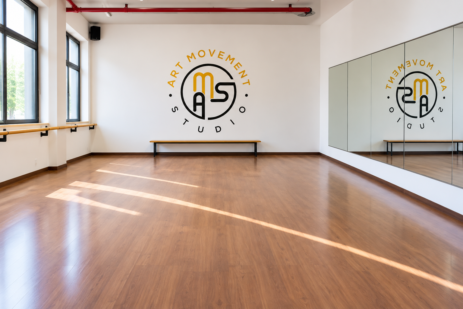 Sala White di Art Movement Studio, sala danza luminosa con specchi e parquet